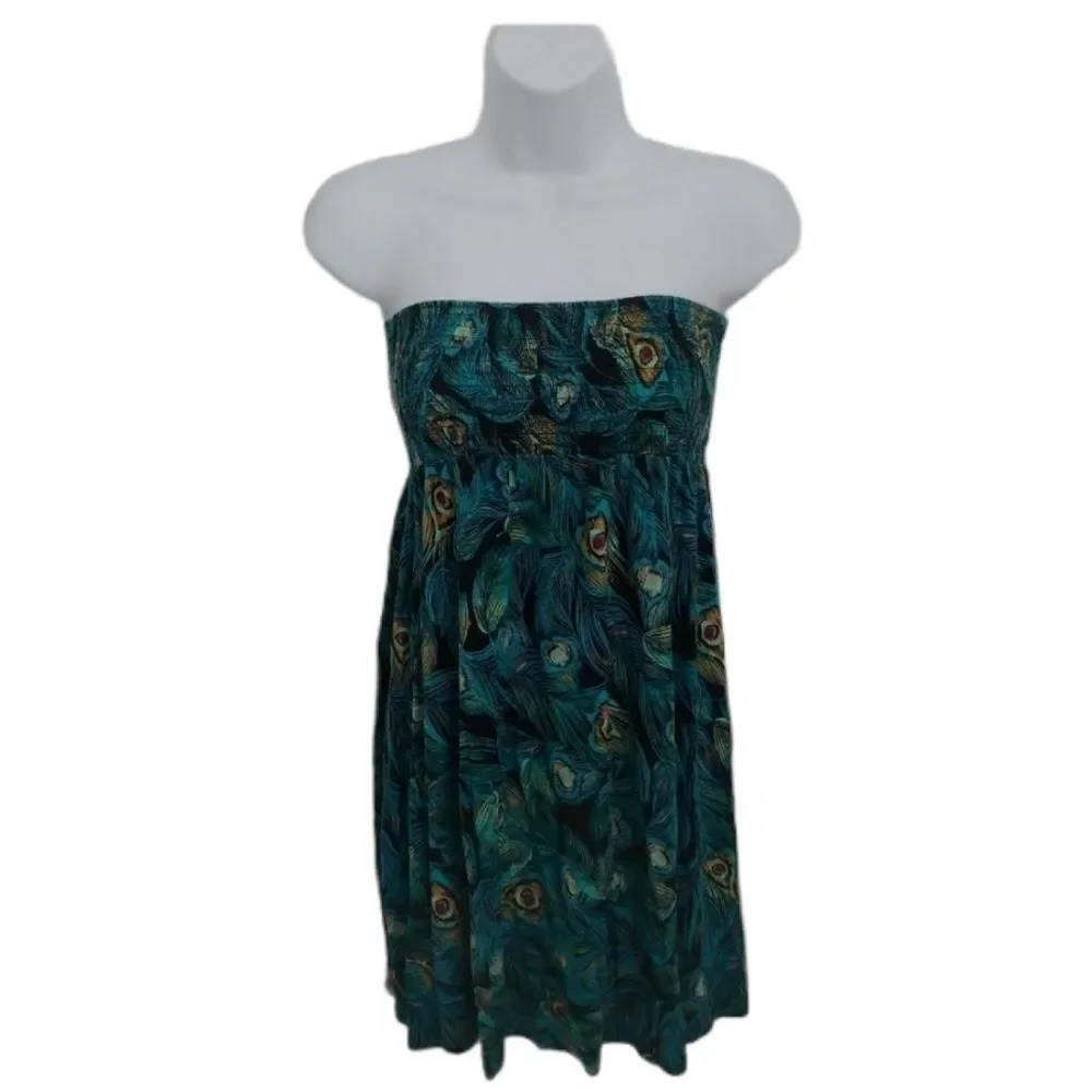 Rusched Dress with Teal Peacock Feathers, S